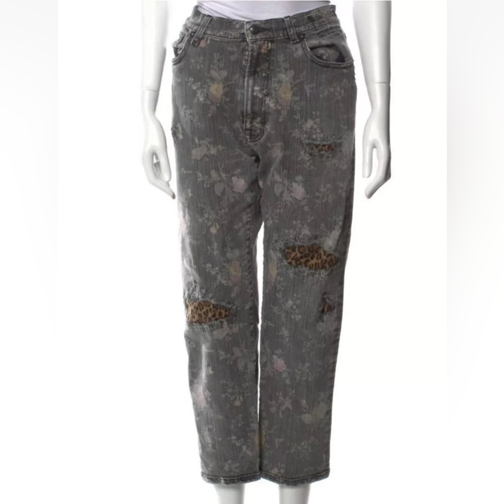 R13 Printed Boyfriend Jeans Faded Black Floral with Leopard Print Cutouts Sz 28